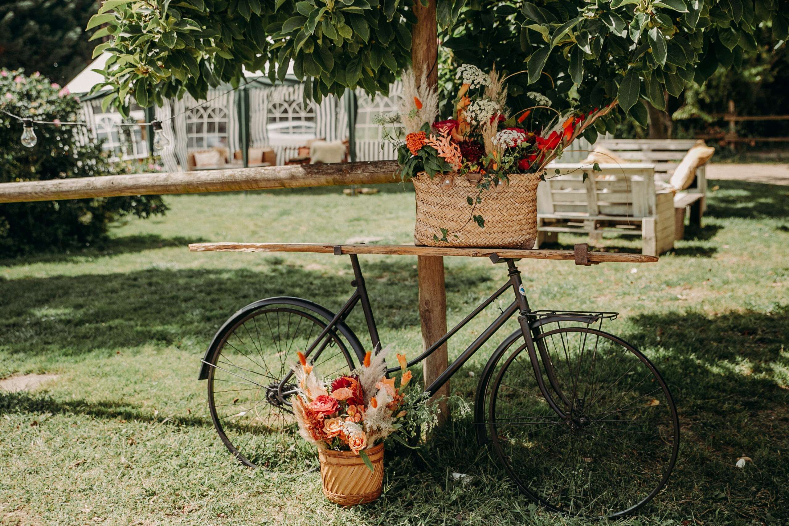 Un vieux vélo fleuri sous un arbre, décor d'un mariage au domaine